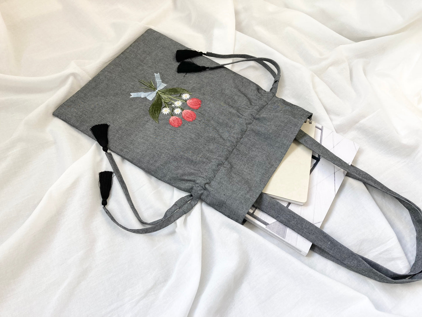 チューリップブーケ刺繍巾着バッグ