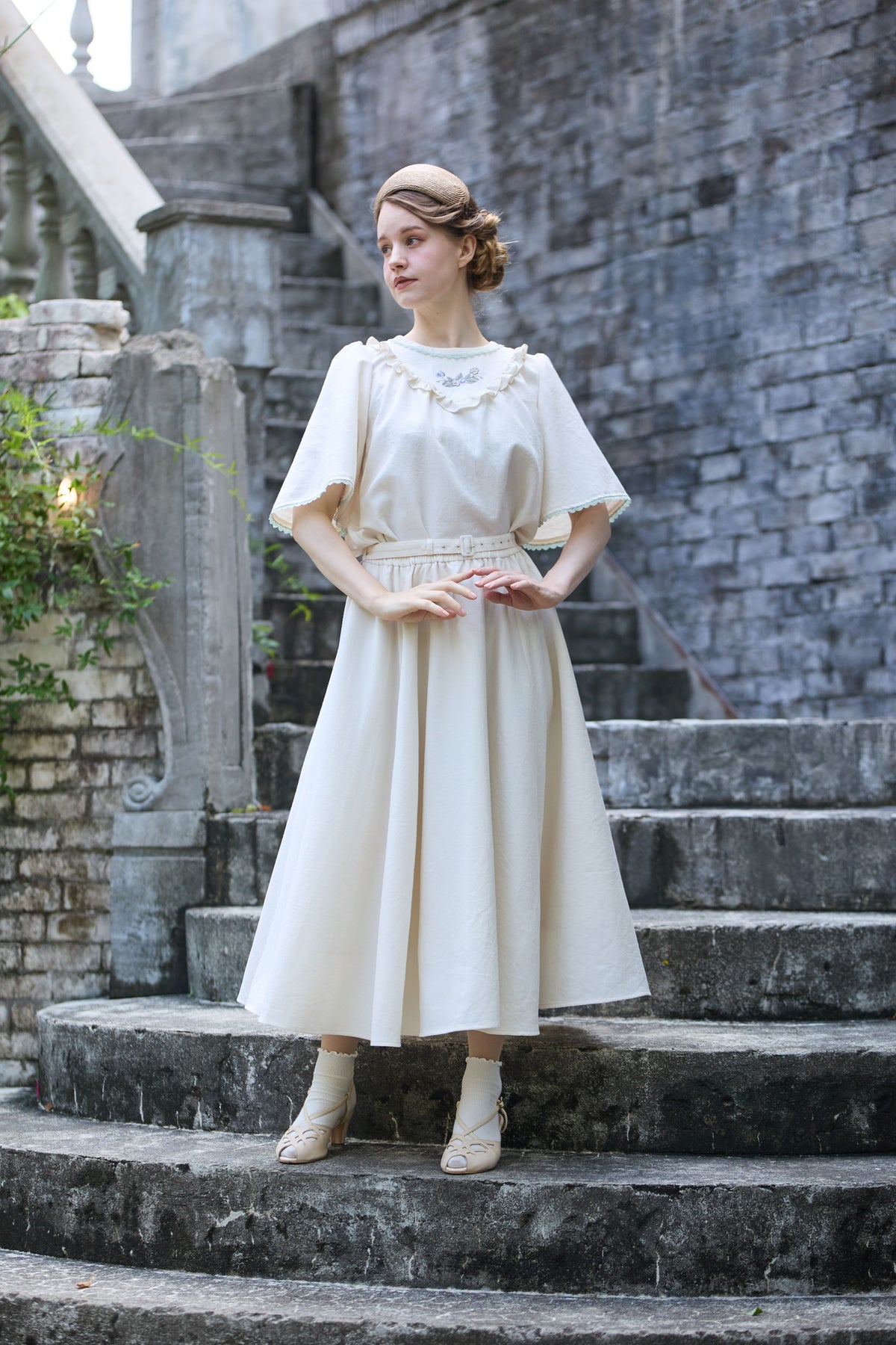 【Pre-order】Linen like flare skirt/Ivory