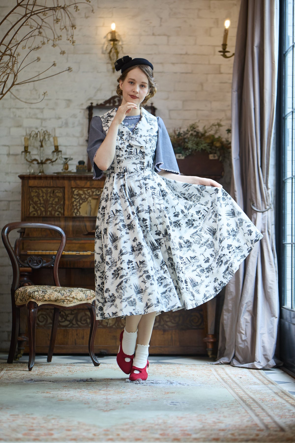 【Pre-order】Toile de Jouy sleeveless dress/Black