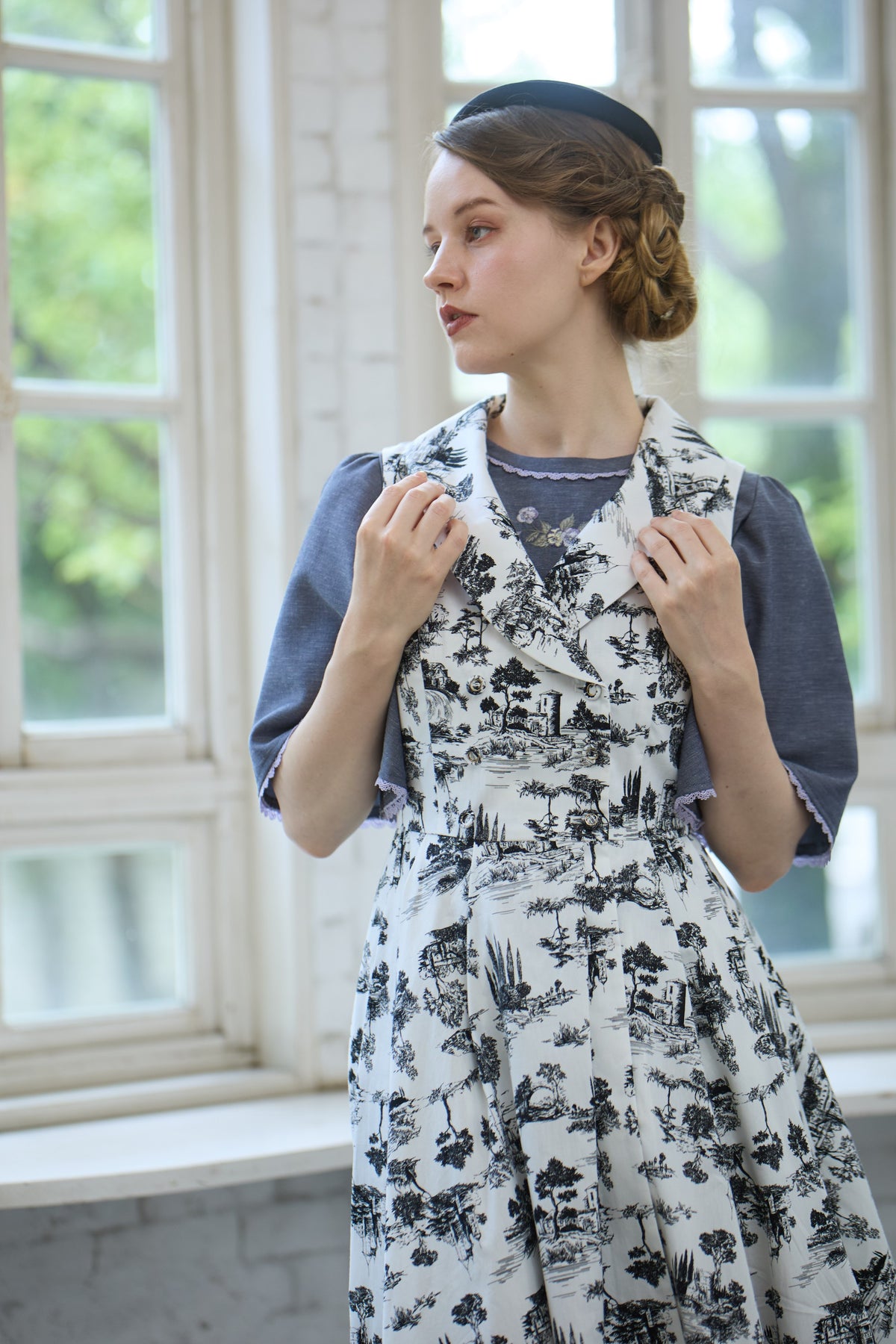 【Pre-order】Toile de Jouy sleeveless dress/Black